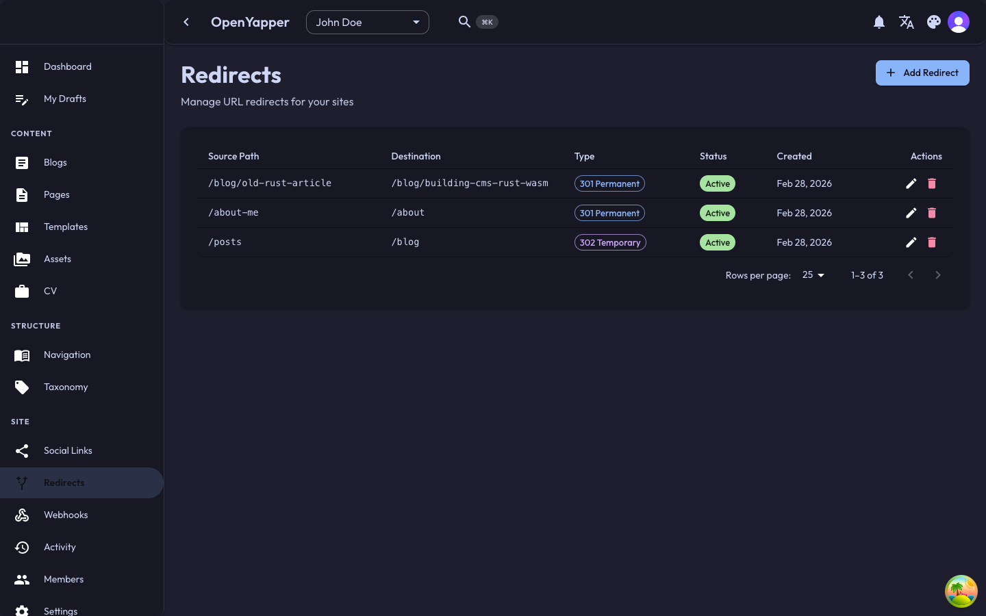 Redirects management