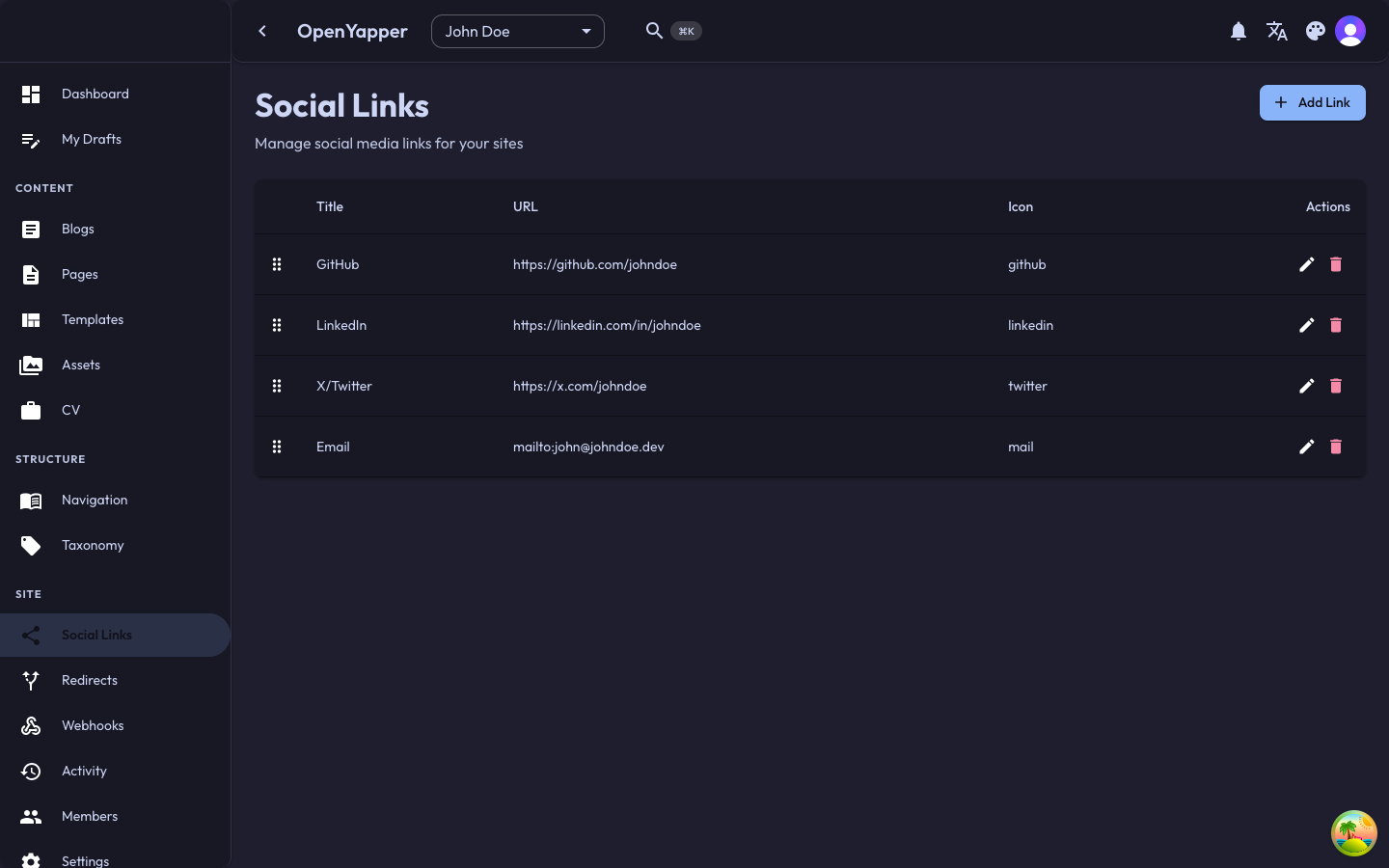 Social links management